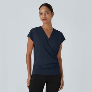 Halara V Neck Cap Sleeve Crossover Ruched Solid Work Blouse